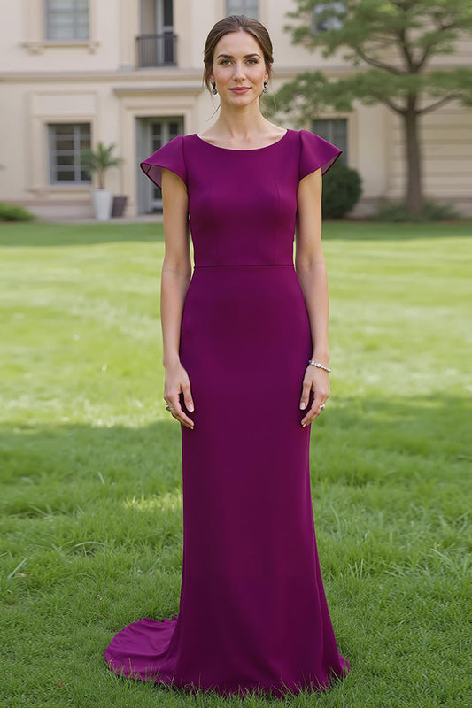 Simple Grape Sheath Long Satin Mother of the Bride Dress with Sleeves