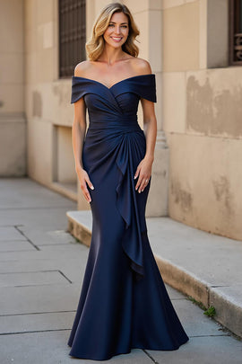 Navy Mermaid Ruched Long Mother of the Bride Dress with Ruffles