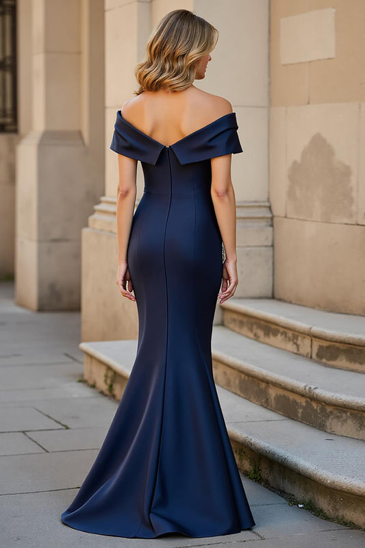 Navy Mermaid Ruched Long Mother of the Bride Dress with Ruffles