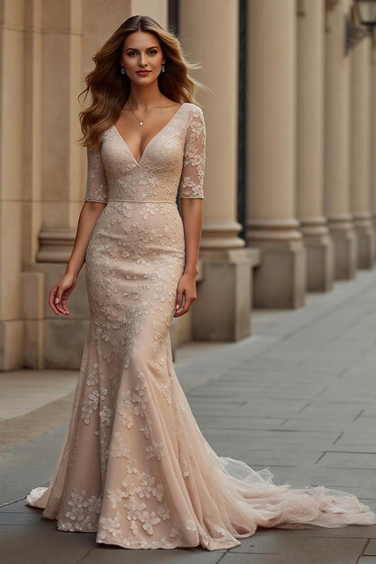 Champagne Mermaid Lace Long Mother of the Bride Dress with Sleeves