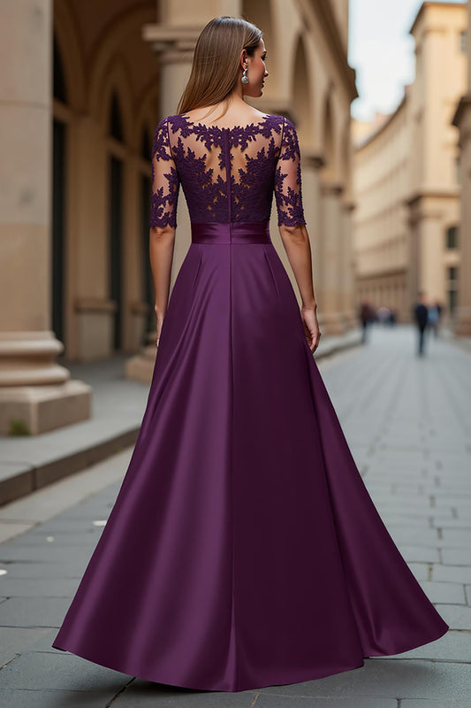 Grape Satin Illusion Boat Neck Long Mother of the Bride Dress with Lace