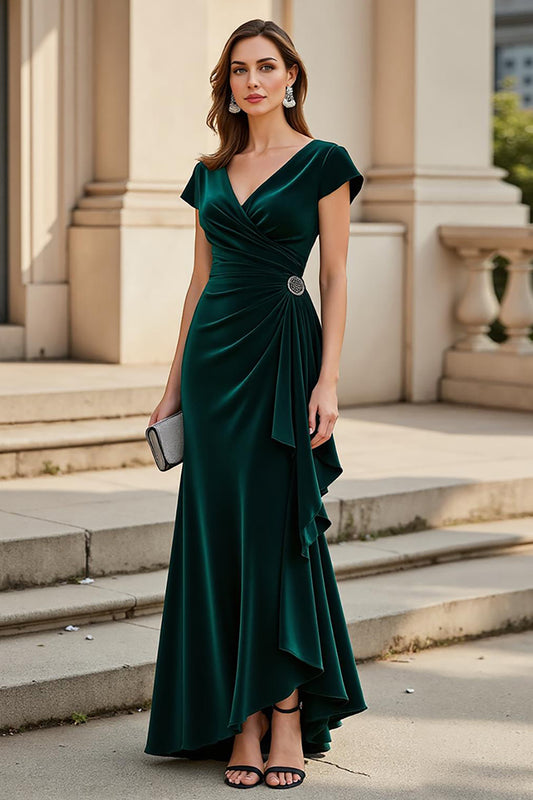 Pine Velvet V-Neck Ruched Long Mother of the Bride Dress with Ruffles