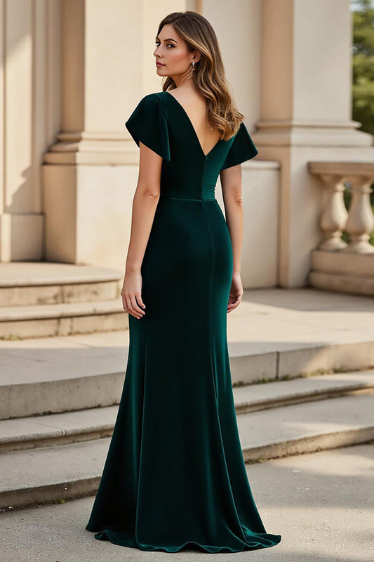 Pine Velvet V-Neck Ruched Long Mother of the Bride Dress with Ruffles