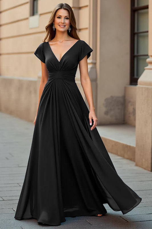 Black V-Neck Chiffon Ruched Long Mother of the Bride Dress with Sleeves