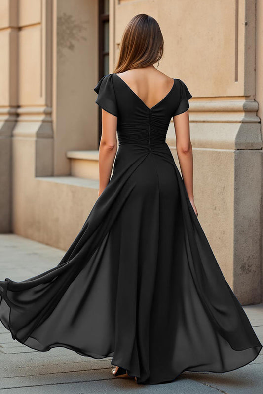 Black V-Neck Chiffon Ruched Long Mother of the Bride Dress with Sleeves