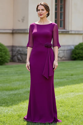 Grape Floral Boat Neck Mermaid Long Mother of the Bride Dress with Sleeves
