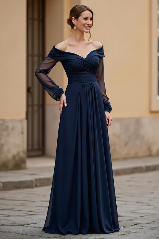 Navy Ruched Chiffon Long Mother of the Bride Dress with Sleeves