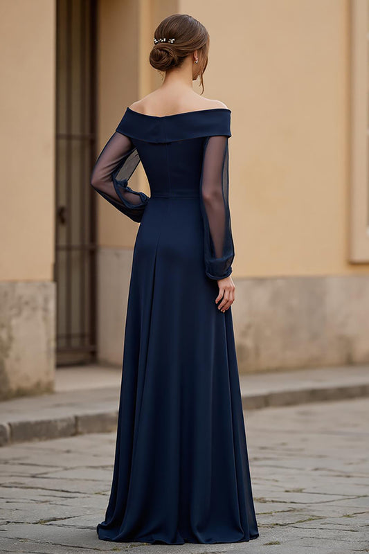 Navy Ruched Chiffon Long Mother of the Bride Dress with Sleeves
