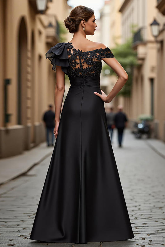 Black Chiffon Ruffled One Shoulder Long Mother of the Bride Dress with Lace