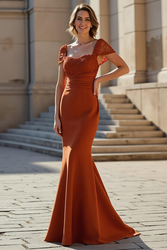 Rust Satin Mermaid Long Mother of the Bride Dress with Lace