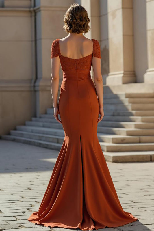 Rust Satin Mermaid Long Mother of the Bride Dress with Lace