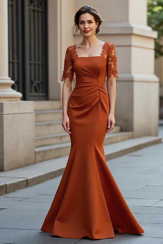 Rust Mermaid Satin Ruched Long Mother of the Bride Dress with Lace
