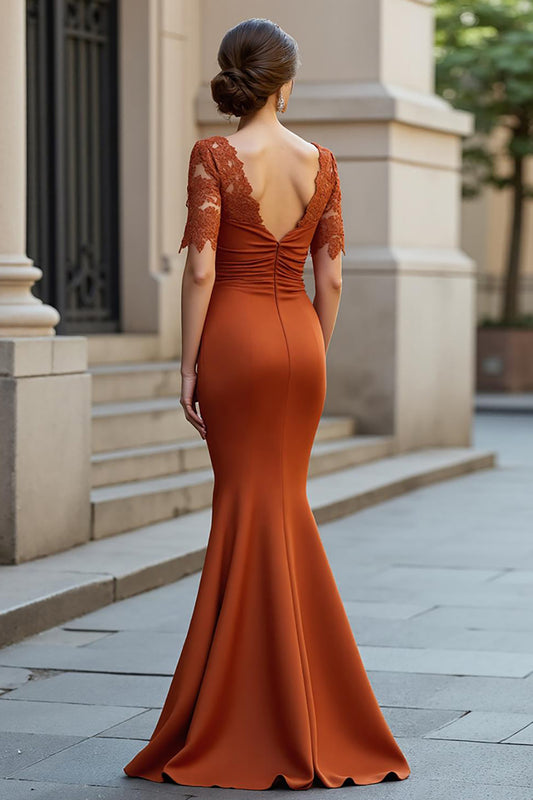 Rust Mermaid Satin Ruched Long Mother of the Bride Dress with Lace