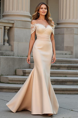 Champagne Mermaid Satin Long Mother of the Bride Dress with Lace