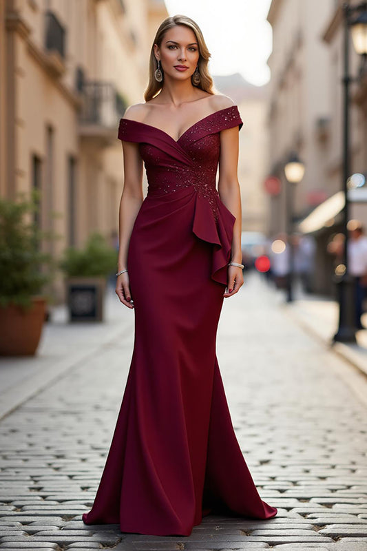 Sparkly Burgundy Satin Mermaid Long Mother of the Bride Dress with Beading