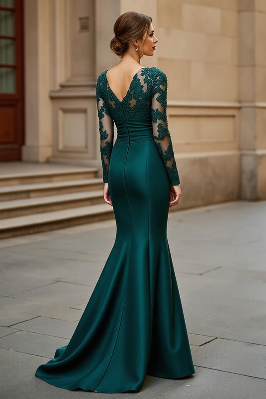 Pine Mermaid Satin V-Neck Long Mother of the Bride Dress with Appliques