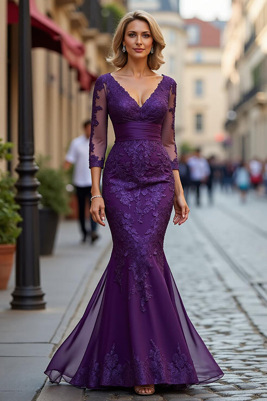 Plum Lace Mermaid V-Neck Long Mother of the Bride Dress with Sleeves