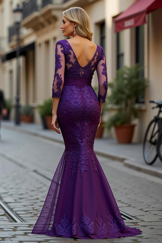 Plum Lace Mermaid V-Neck Long Mother of the Bride Dress with Sleeves