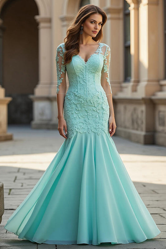 Light Green Corset Mermaid Chiffon Long Prom Dress with Lace