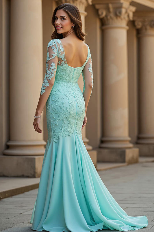 Light Green Corset Mermaid Chiffon Long Prom Dress with Lace