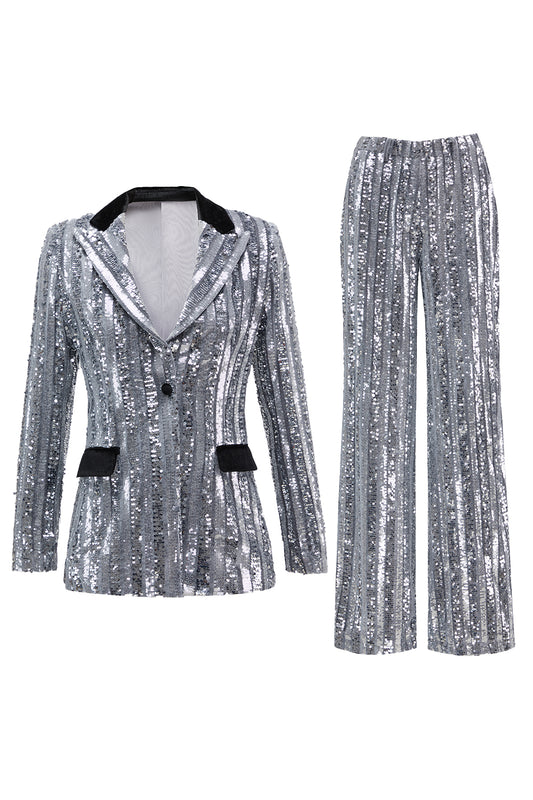 Sparkly Silver 2 Piece Sequin Peak Lapel Women Prom Suits