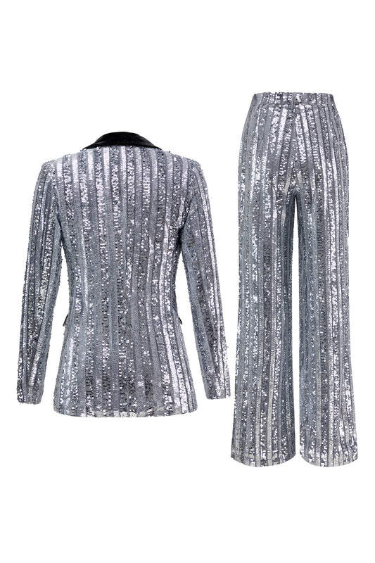 Sparkly Silver 2 Piece Sequin Peak Lapel Women Prom Suits