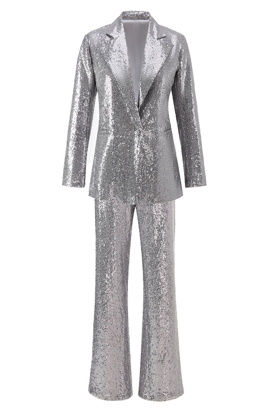 Sparkly Silver Notched Lapel 2 Piece Sequin Women Prom Suits