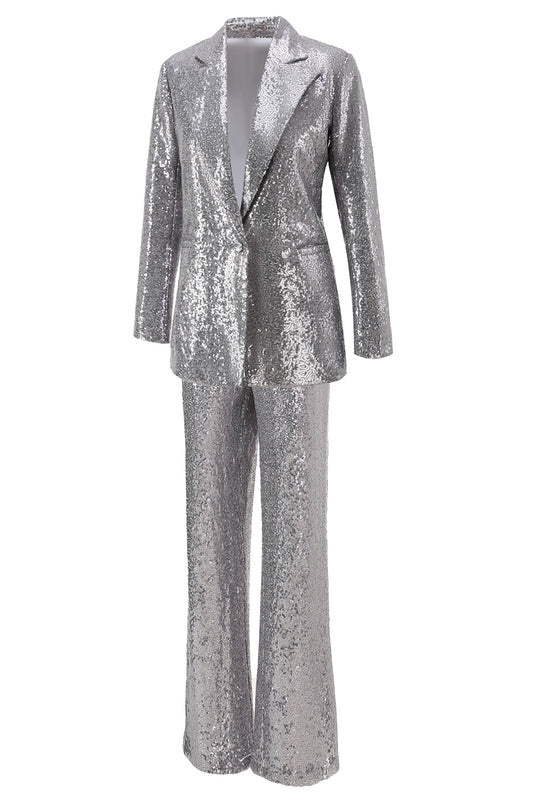 Sparkly Silver Notched Lapel 2 Piece Sequin Women Prom Suits