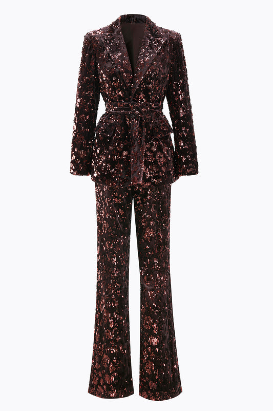 Sparkly Coffee 2 Piece Sequin Peak Lapel Women Prom Suits with Sash