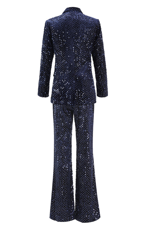 Sparkly Navy Sequins 2 Piece Peak Lapel Women Prom Suits
