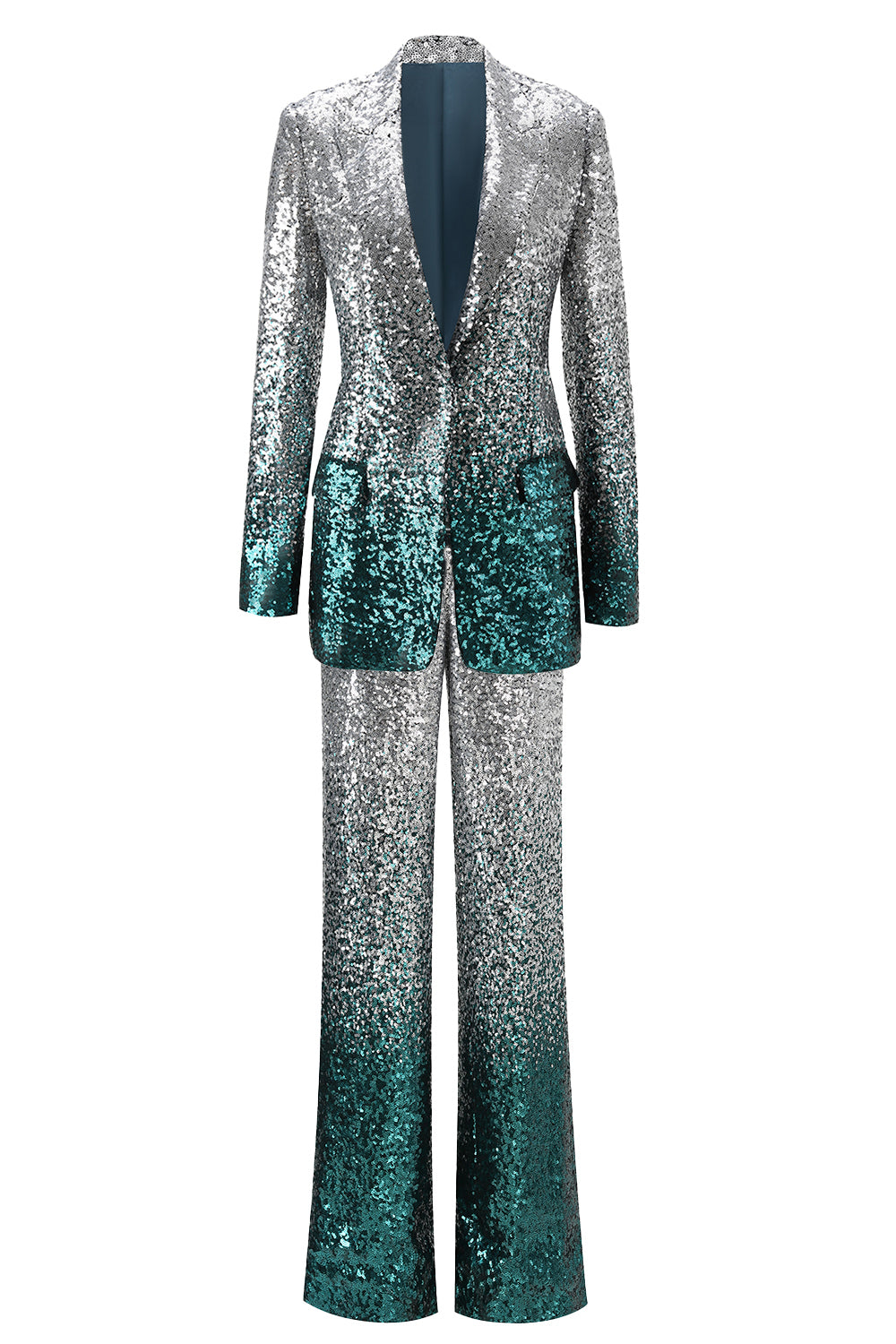 Zapakasa Women Sparkly Silver and Peacock Sequin Women Prom Suits 2 Piece Peak Lapel Party Tuxedo with Sleeves Zapakasa Women Sparkly Silver and Peacock Sequin Women Prom Suits 2 Piece Peak Lapel Party Tuxedo with Sleeves
