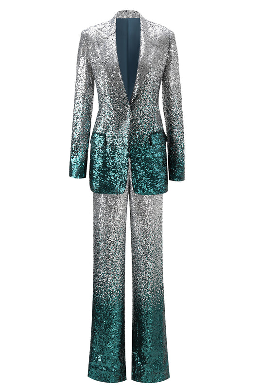 Sparkly Silver and Peacock 2 Piece Sequin Women Prom Suits