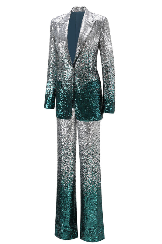 Sparkly Silver and Peacock 2 Piece Sequin Women Prom Suits