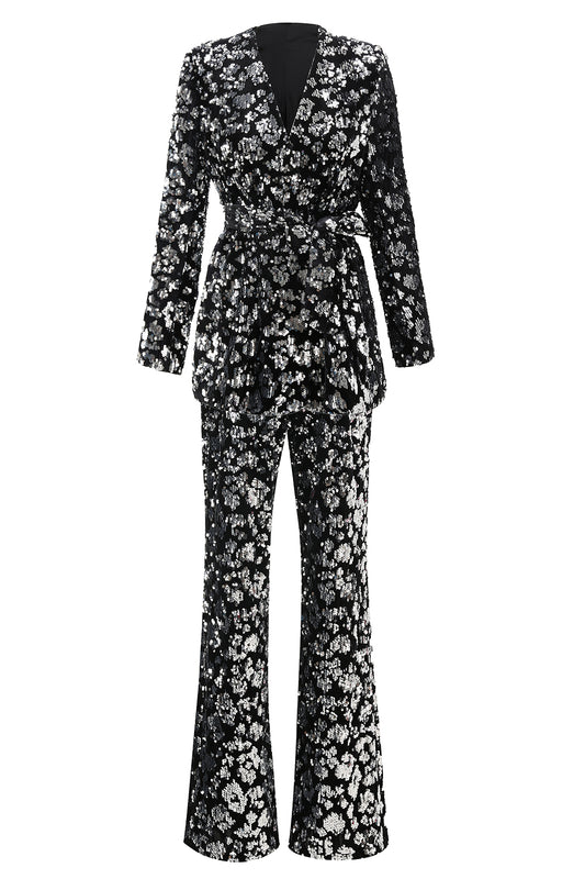 Sparkly Black Sequin 2 Piece Women Prom Suits with Sash