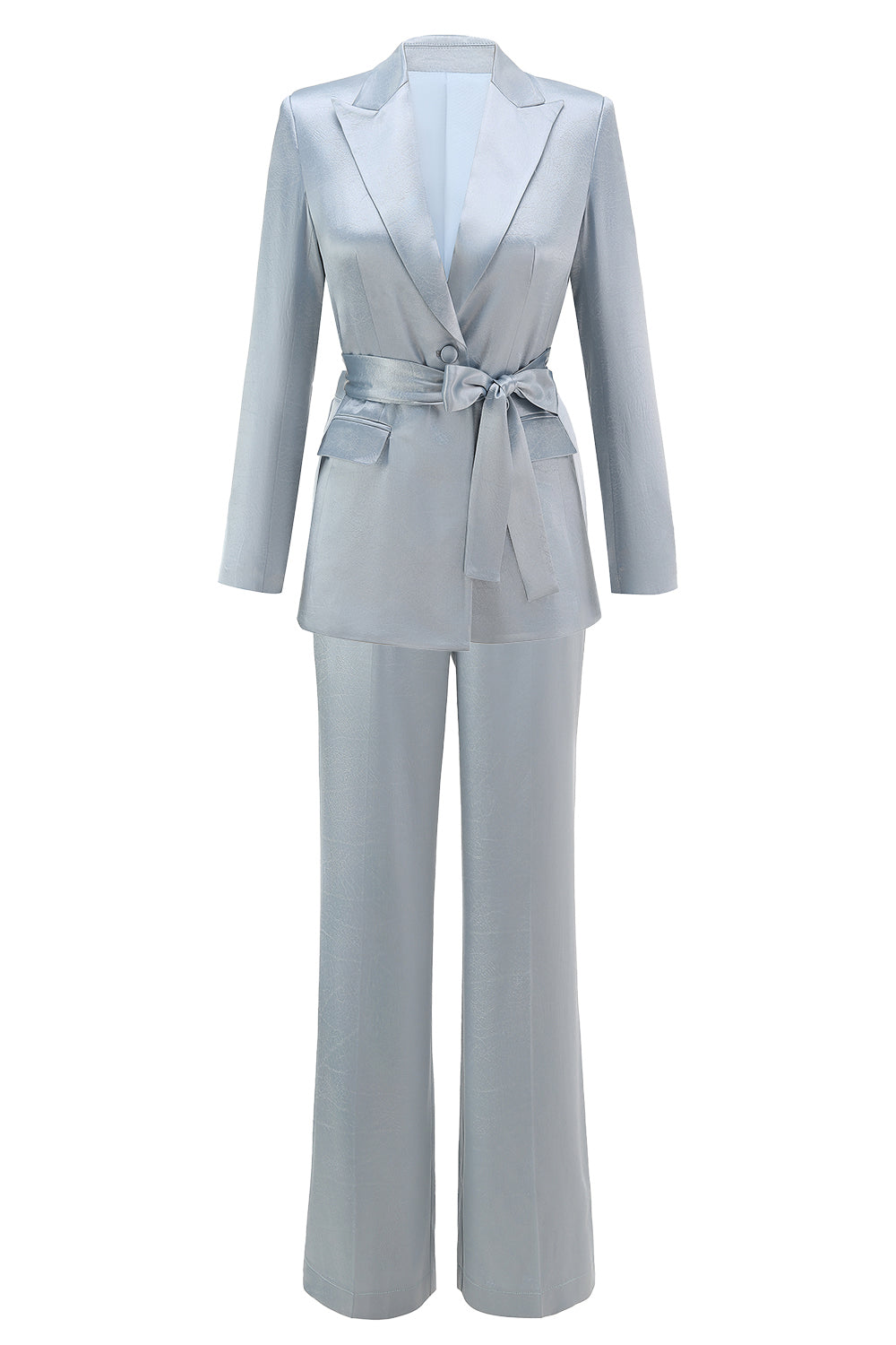 Zapakasa Women Dusty Blue Satin Women Prom Suits with Sash 2 Piece Peak Lapel Business Suits with Sleeves Zapakasa Women Dusty Blue Satin Women Prom Suits with Sash 2 Piece Peak Lapel Business Suits with Sleeves