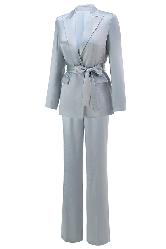 Dusty Blue Satin 2 Piece Women Prom Suits with Sash