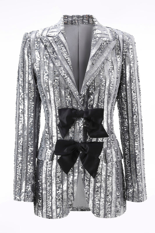 Sparkly Silver Grey Sequin Peak Lapel Women Prom Blazer with Bow