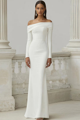 Ivory Off the Shoulder Mermaid Maxi Rehearsal Dinner Dress with Sleeves