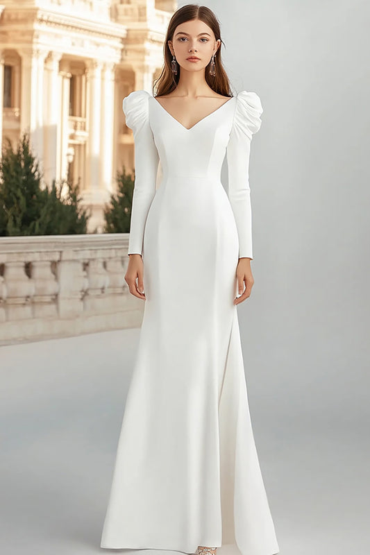 Ivory Mermaid V-Neck Maxi Rehearsal Dinner Dress with Sleeves