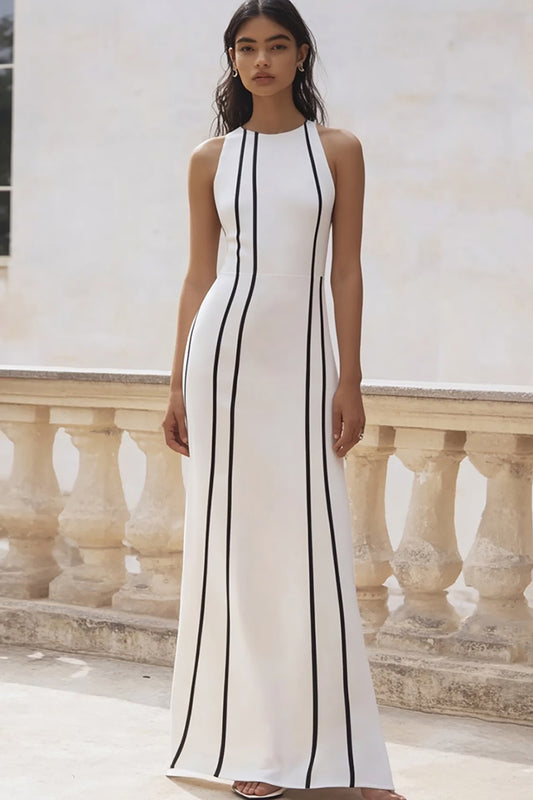 White and Black Striped Sheath Maxi Rehearsal Dinner Dress