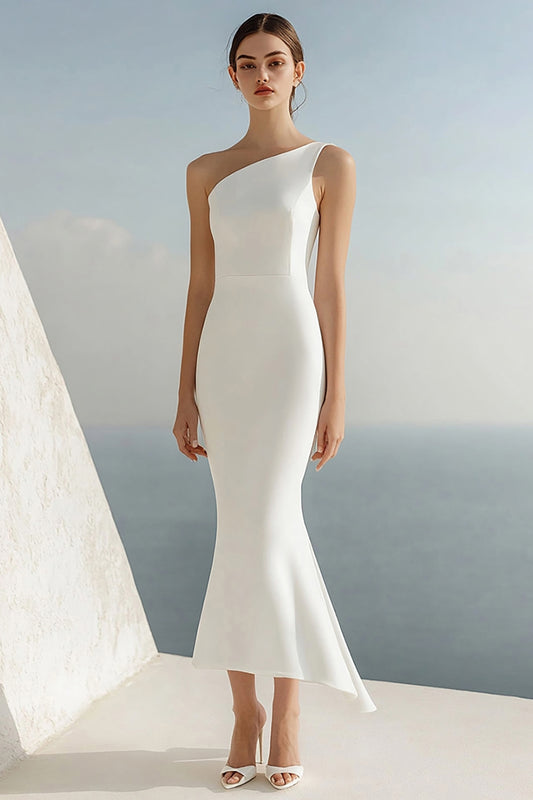 Simple Ivory Mermaid One Shoulder Maxi Rehearsal Dinner Dress