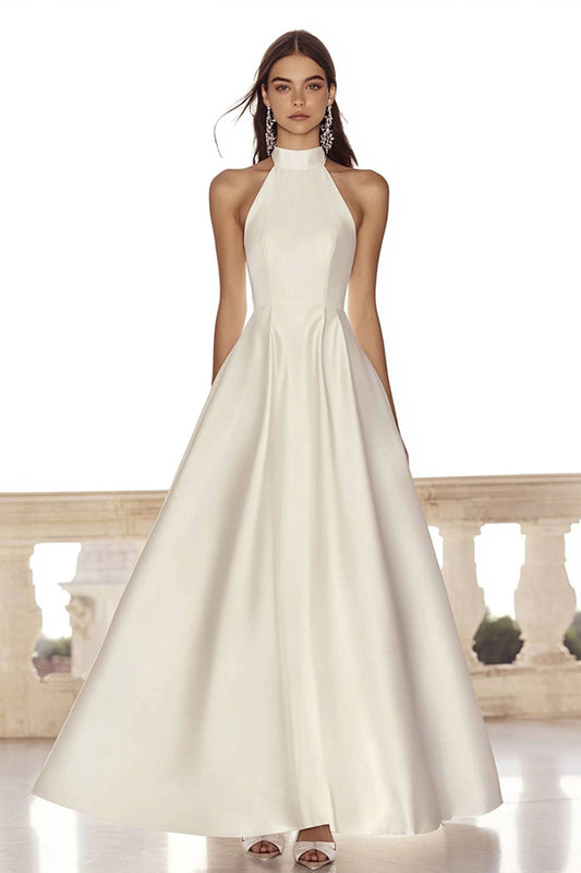 Ivory High Neck A Line Satin Maxi Rehearsal Dinner Dress