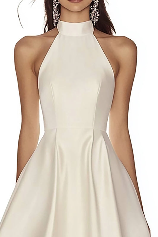 Ivory High Neck A Line Satin Maxi Rehearsal Dinner Dress