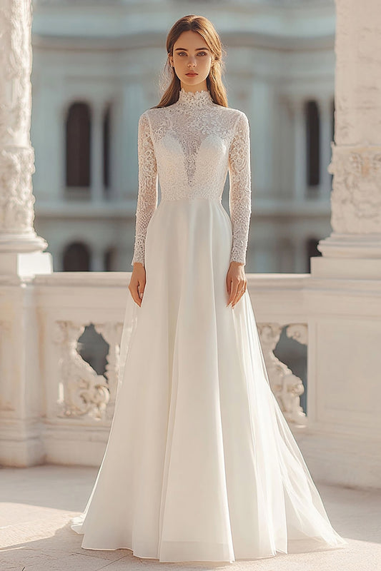 Ivory High Neck Long Sleeves Rehearsal Dinner Dress with Lace