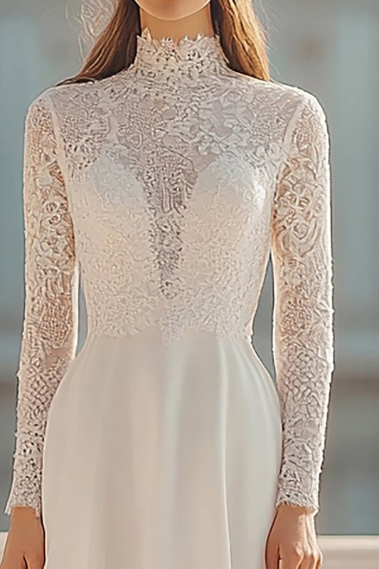 Ivory High Neck Long Sleeves Rehearsal Dinner Dress with Lace