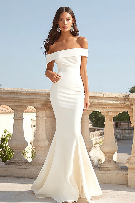 Ivory Mermaid Off the Shoulder Maxi Satin Rehearsal Dinner Dress