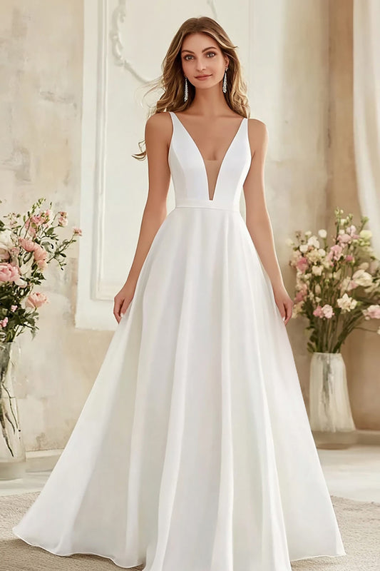 Ivory Deep V-Neck A Line Chiffon Maxi Rehearsal Dinner Dress