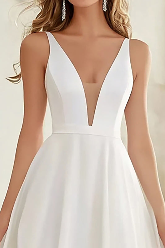 Ivory Deep V-Neck A Line Chiffon Maxi Rehearsal Dinner Dress