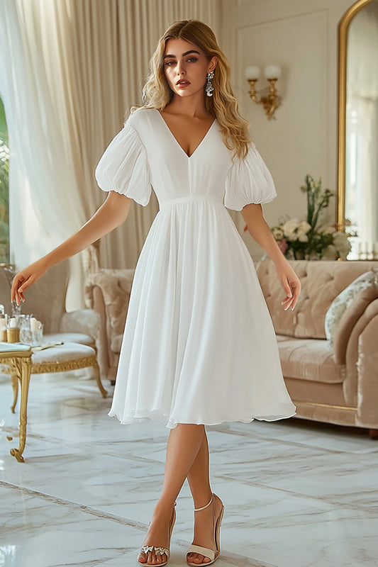 Ivory Chiffon Puff Sleeves V-Neck Midi Engagement Dress