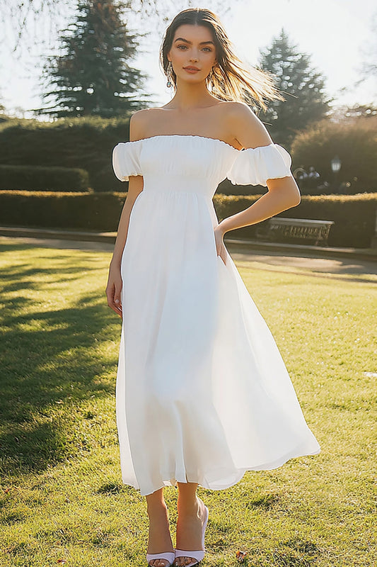 Ivory Chiffon A Line Off the Shoulder Maxi Engagement Dress